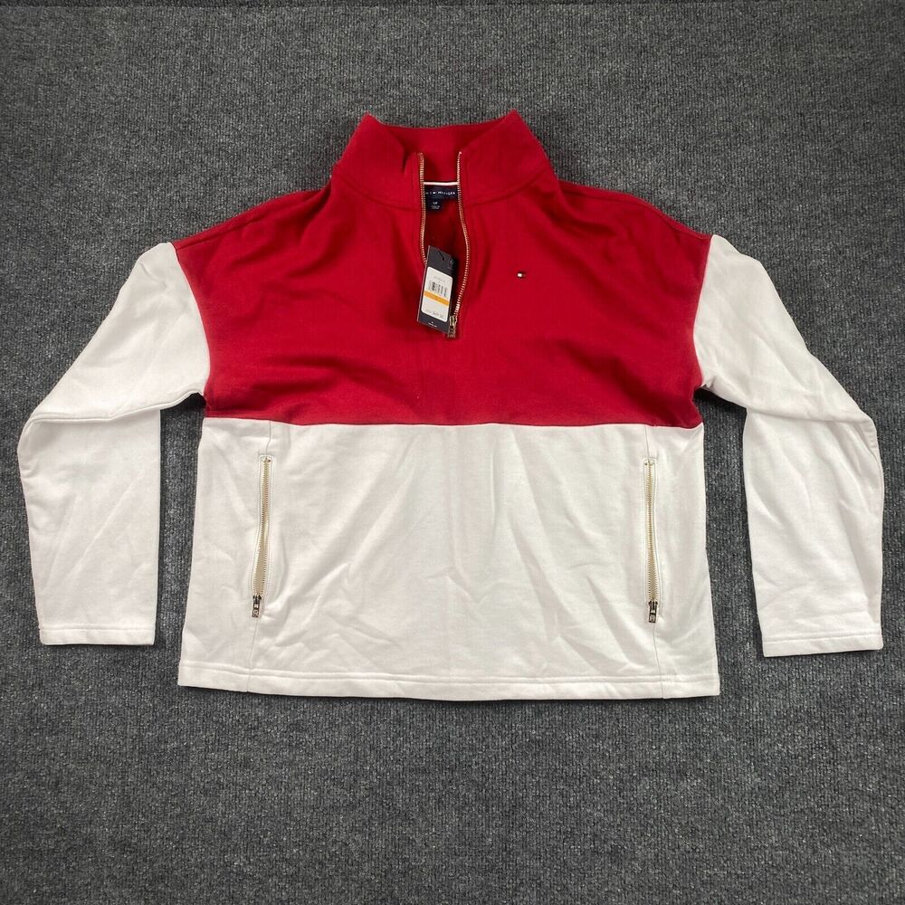 NWT Tommy Hilfiger Red White Jacket Sweater Zip Up Womans Size S